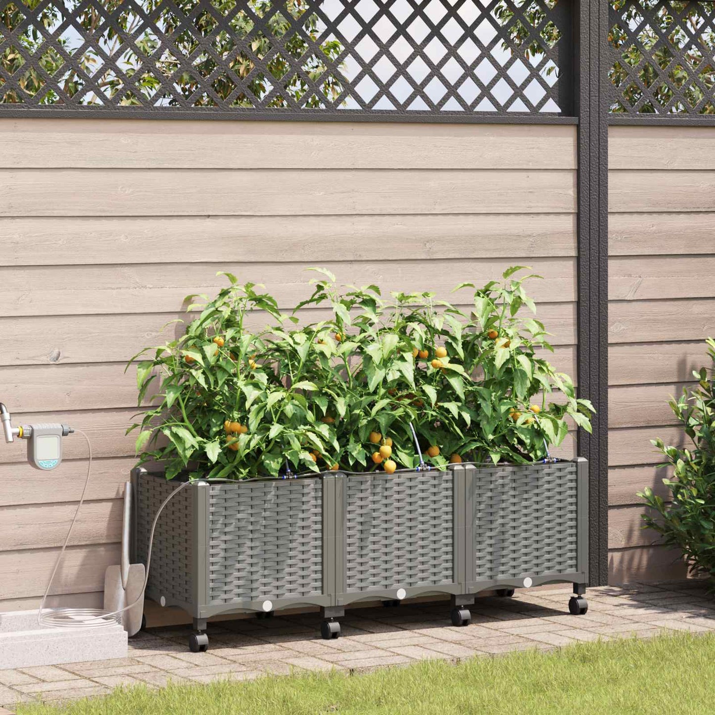 vidaXL Garden Planter with Irrigation&Wheels 3 pcs Light Grey PP