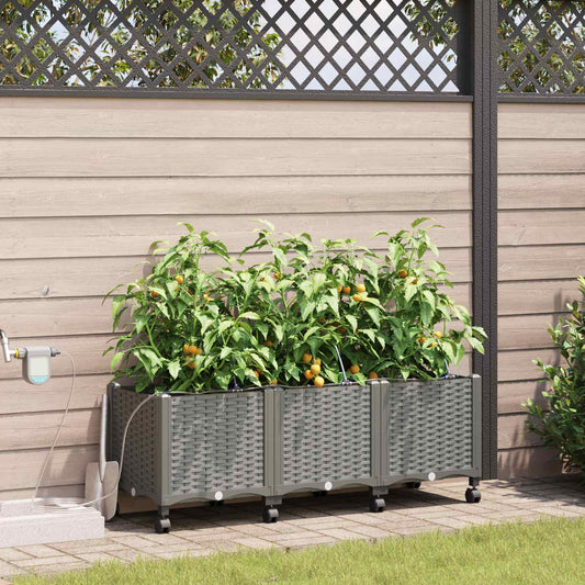 vidaXL Garden Planter with Irrigation&Wheels 3 pcs Light Grey PP