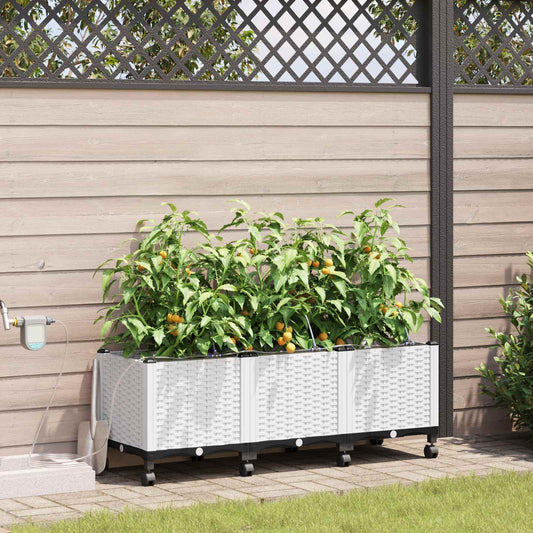 vidaXL Garden Planter with Irrigation&Wheels 3 pcs White PP