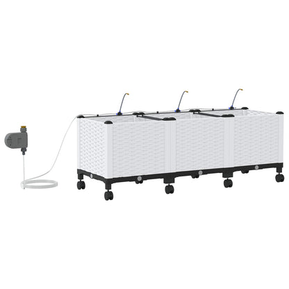 vidaXL Garden Planter with Irrigation&Wheels 3 pcs White PP