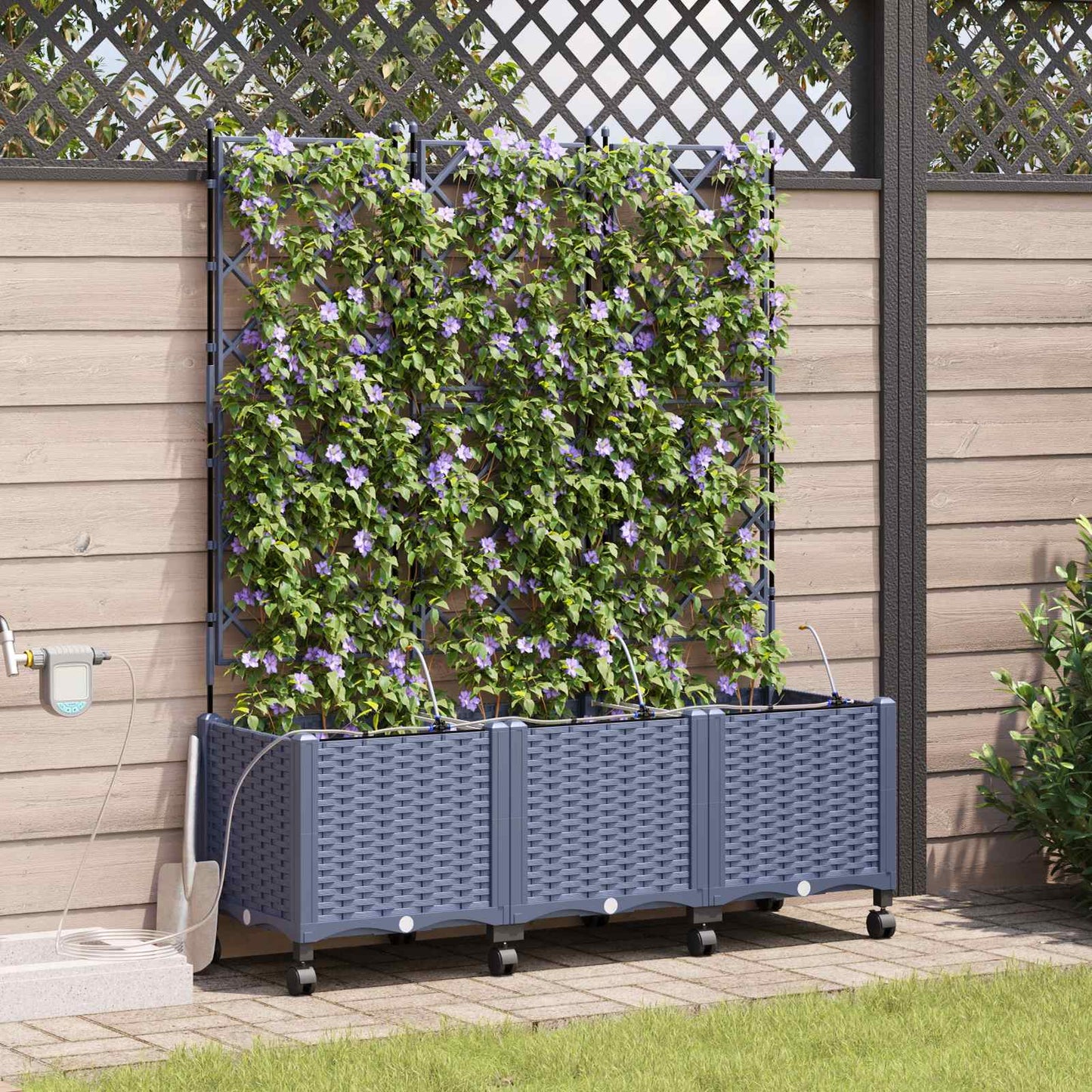 vidaXL Garden Planter with Irrigation&Wheels 3 pcs Grey PP
