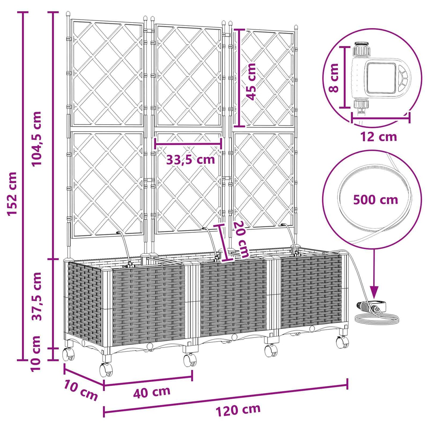 vidaXL Garden Planter with Irrigation&Wheels 3 pcs White PP