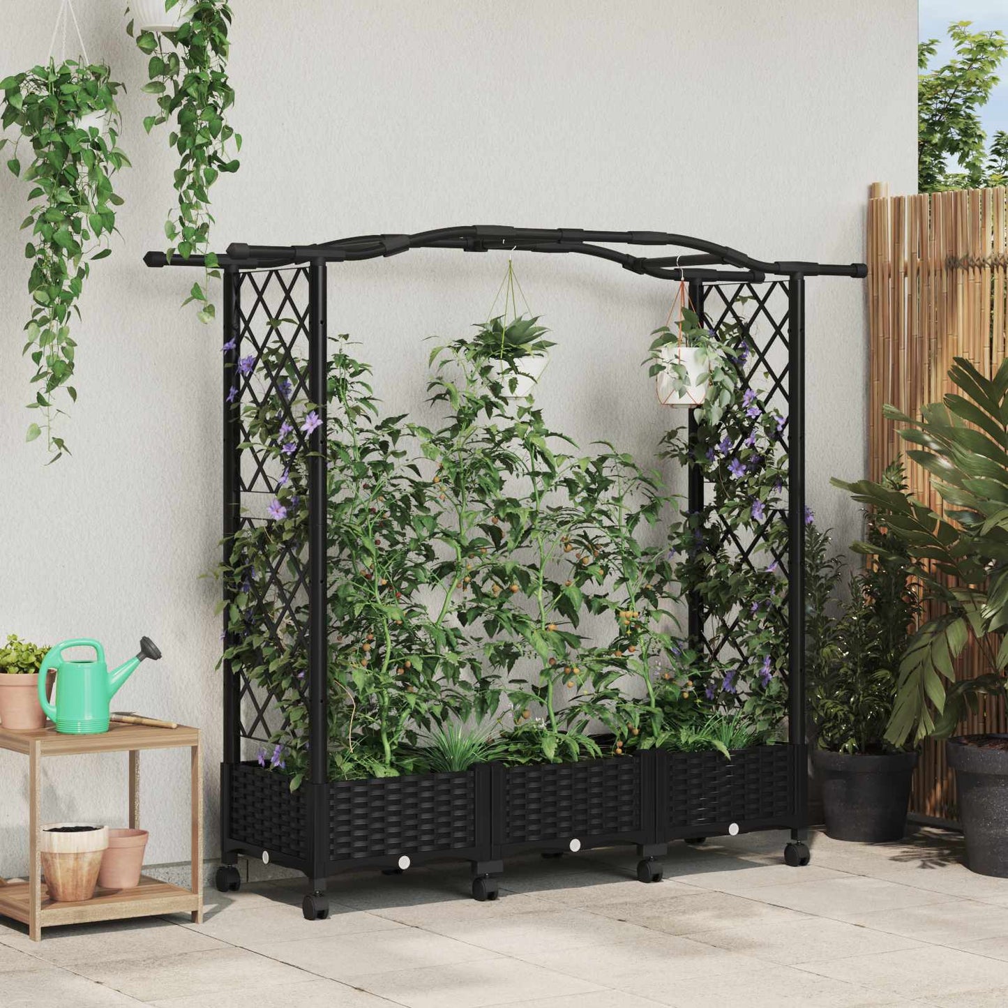 vidaXL Raised Bed with Trellis and Roof Black 169 x 40 x 129 cm PP