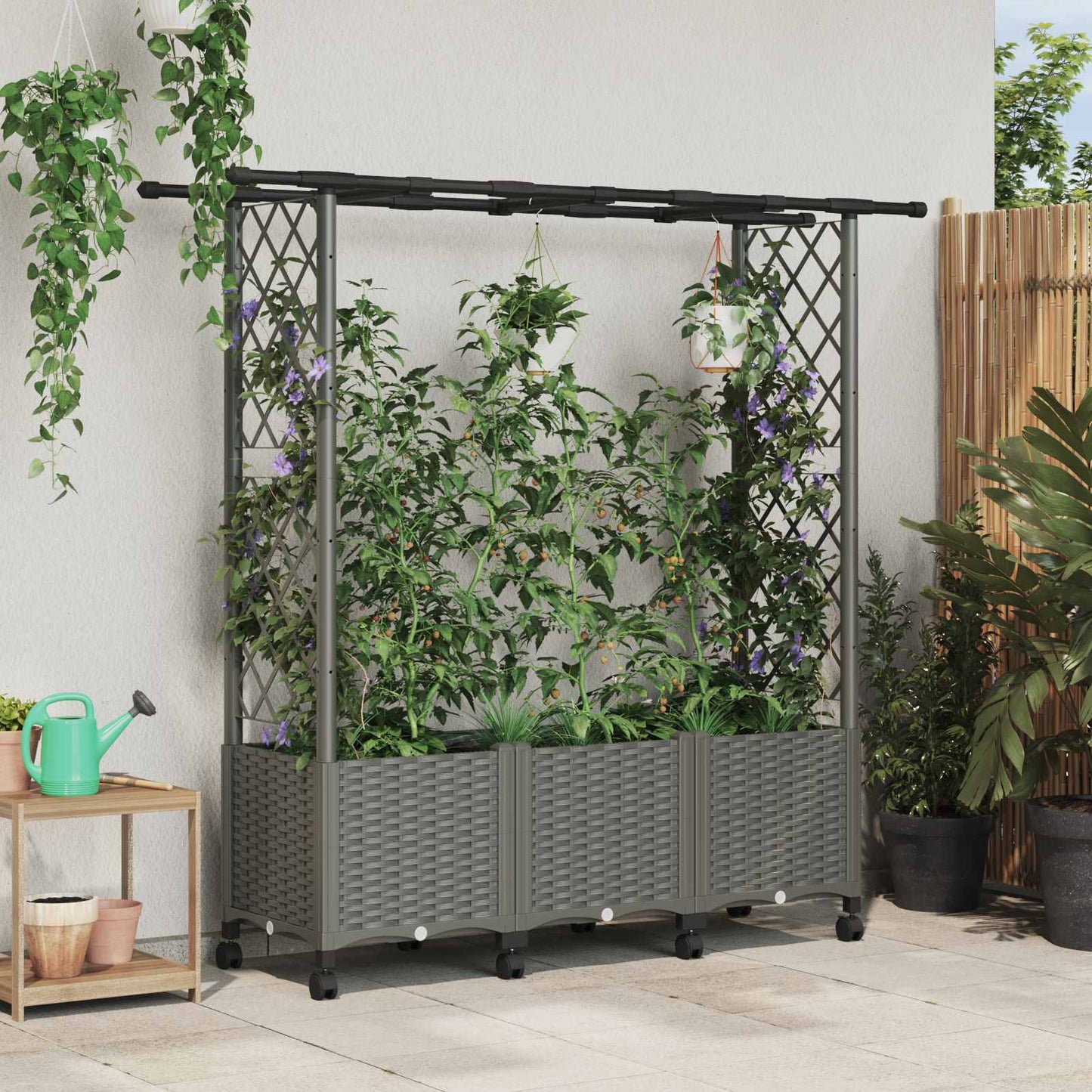 vidaXL Raised Bed with Trellis and Roof Light Grey 162.5 x 40 x 142 cm