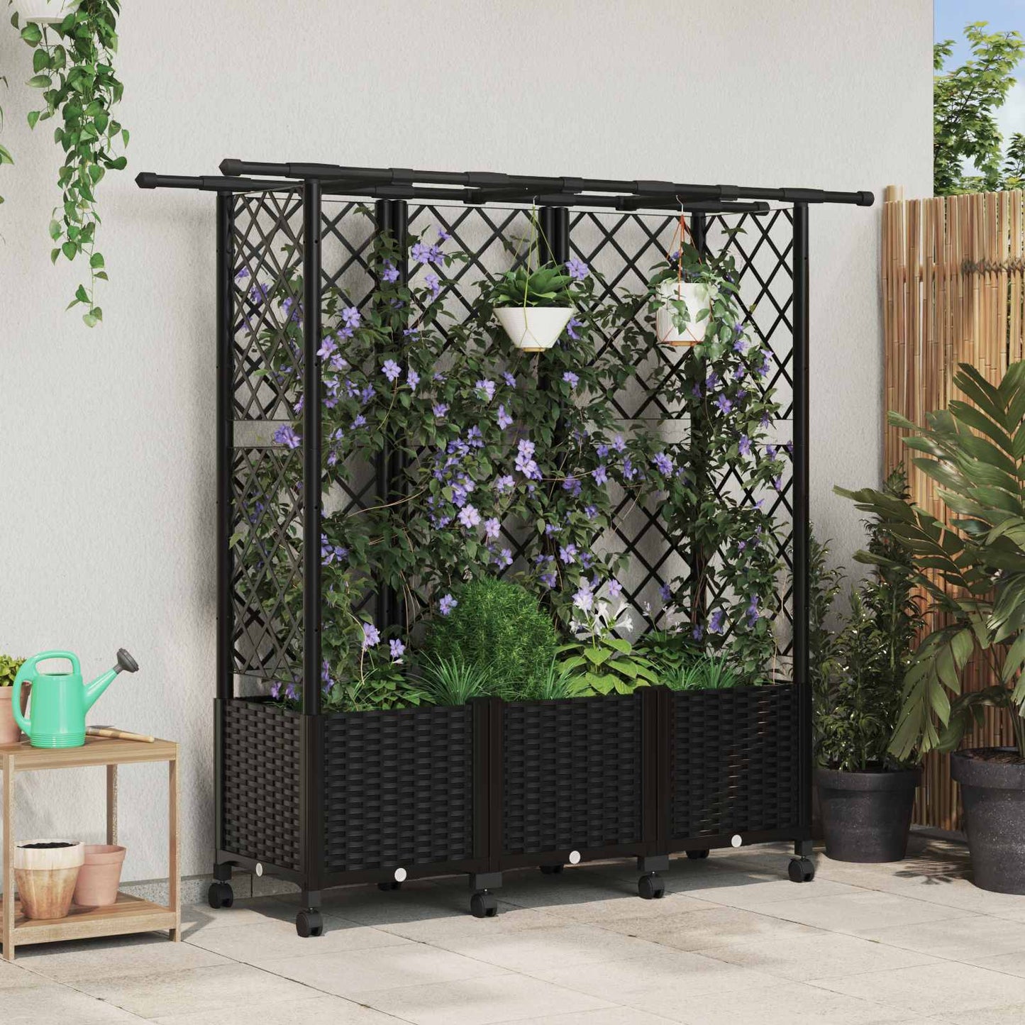 vidaXL Raised Bed with Trellis and Roof Black 163.5 x 40 x 142 cm PP