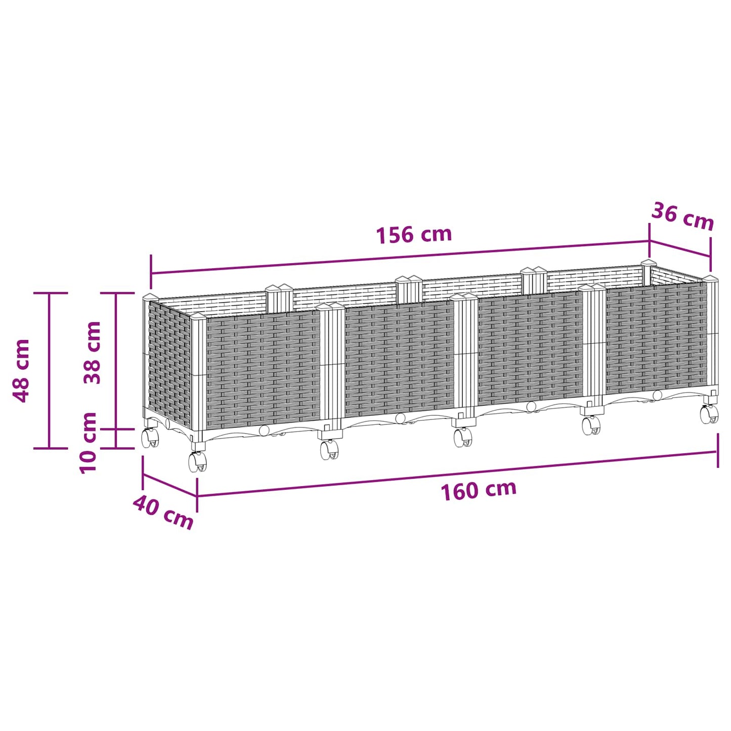 vidaXL Garden Planter with Wheels Light Grey 160 x 40 x 48 cm PP