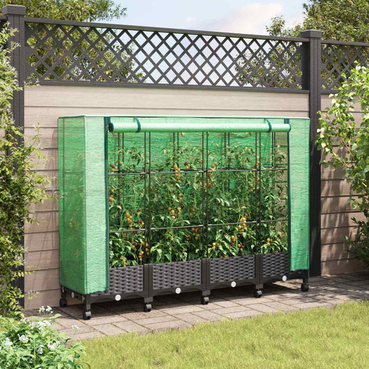 vidaXL Garden Planter with Greenhouse Cover&Wheels 4 pcs Black PP