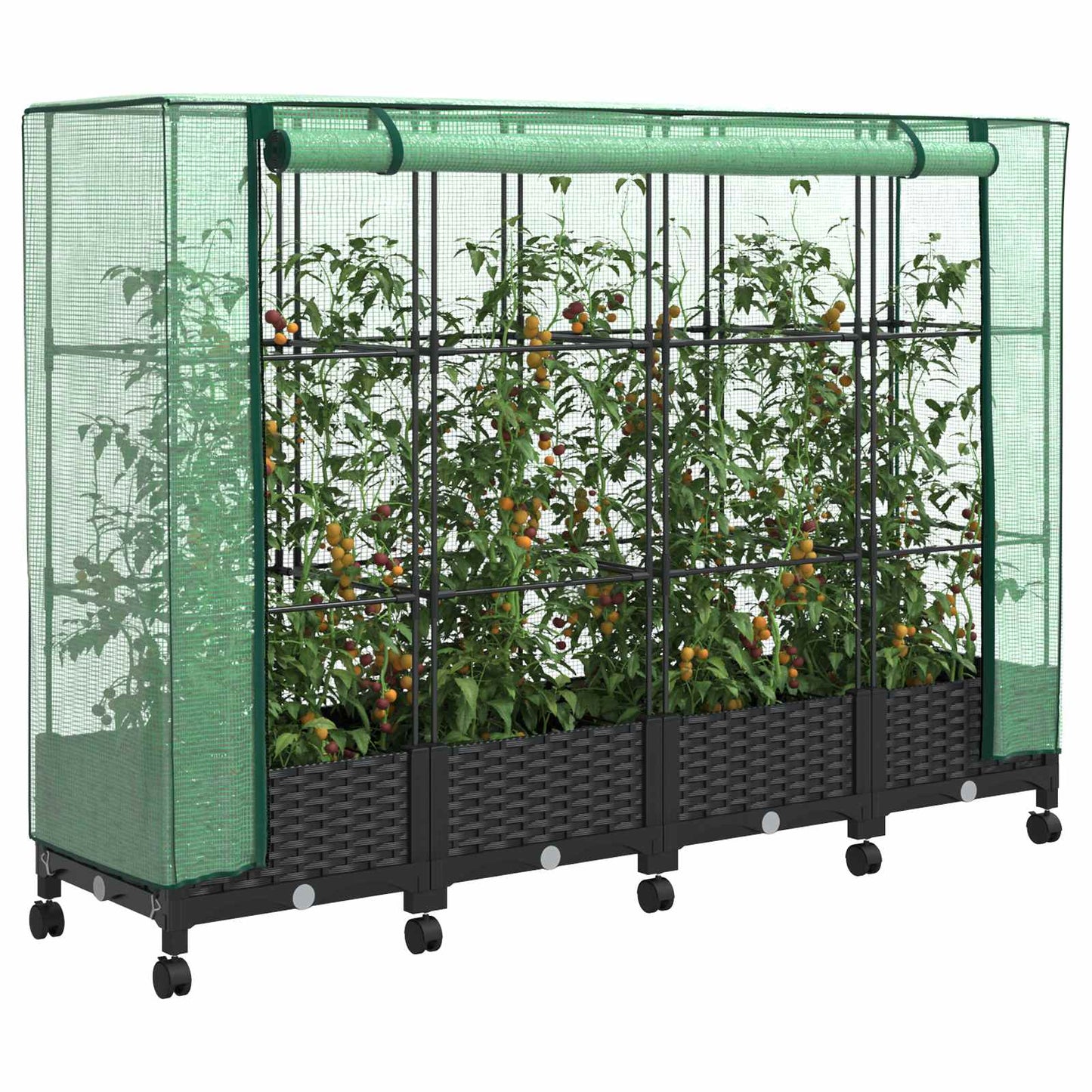 vidaXL Garden Planter with Greenhouse Cover&Wheels 4 pcs Black PP