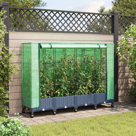 vidaXL Garden Planter with Greenhouse Cover&Wheels 4 pcs Blue Grey PP