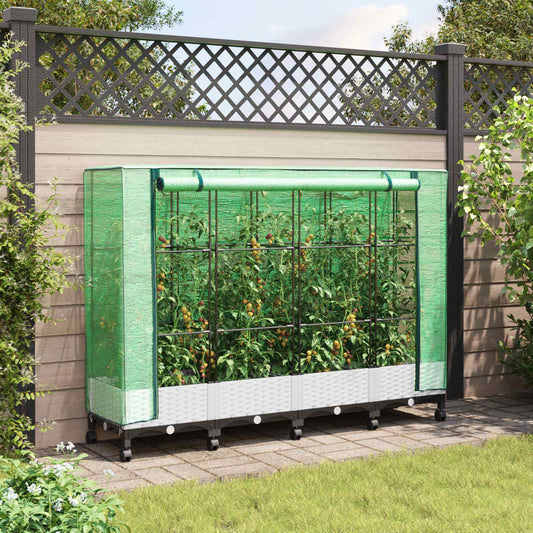 vidaXL Garden Planter with Greenhouse Cover&Wheels 4 pcs White PP