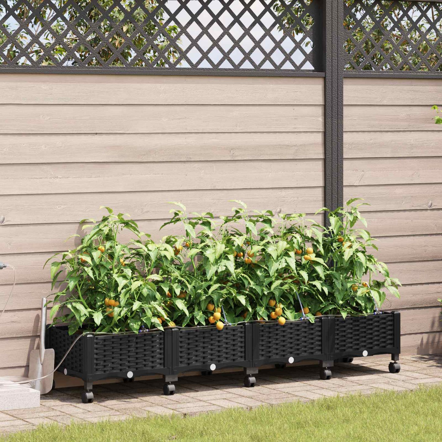 vidaXL Garden Planter with Irrigation&Wheels 4 pcs Black PP