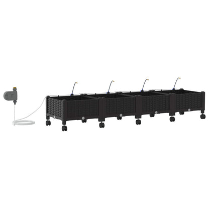 vidaXL Garden Planter with Irrigation&Wheels 4 pcs Black PP