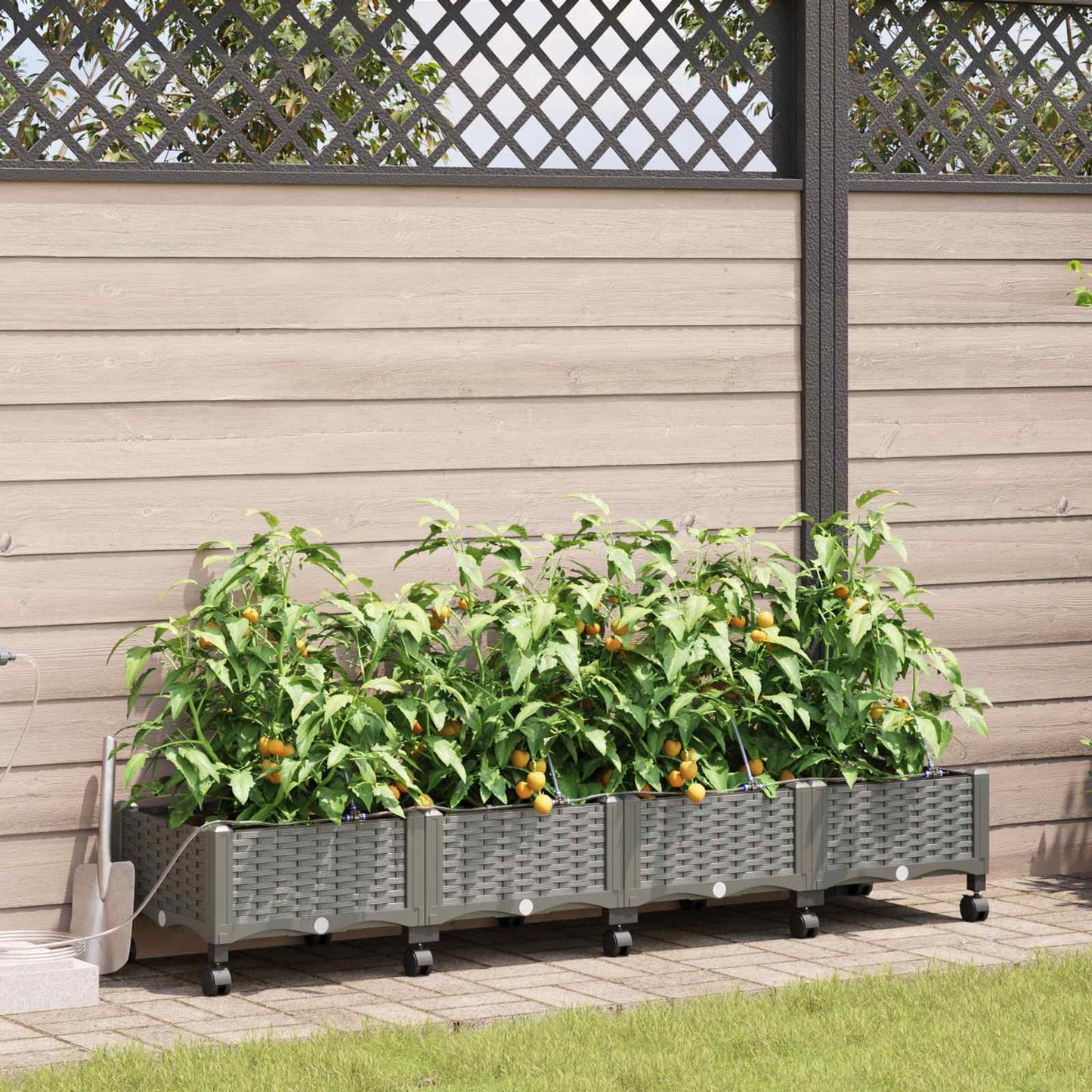 vidaXL Garden Planter with Irrigation&Wheels 4 pcs Light Grey PP