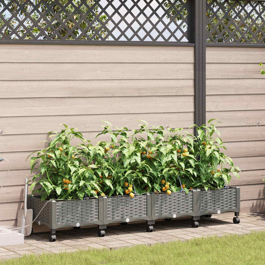 vidaXL Garden Planter with Irrigation&Wheels 4 pcs Light Grey PP