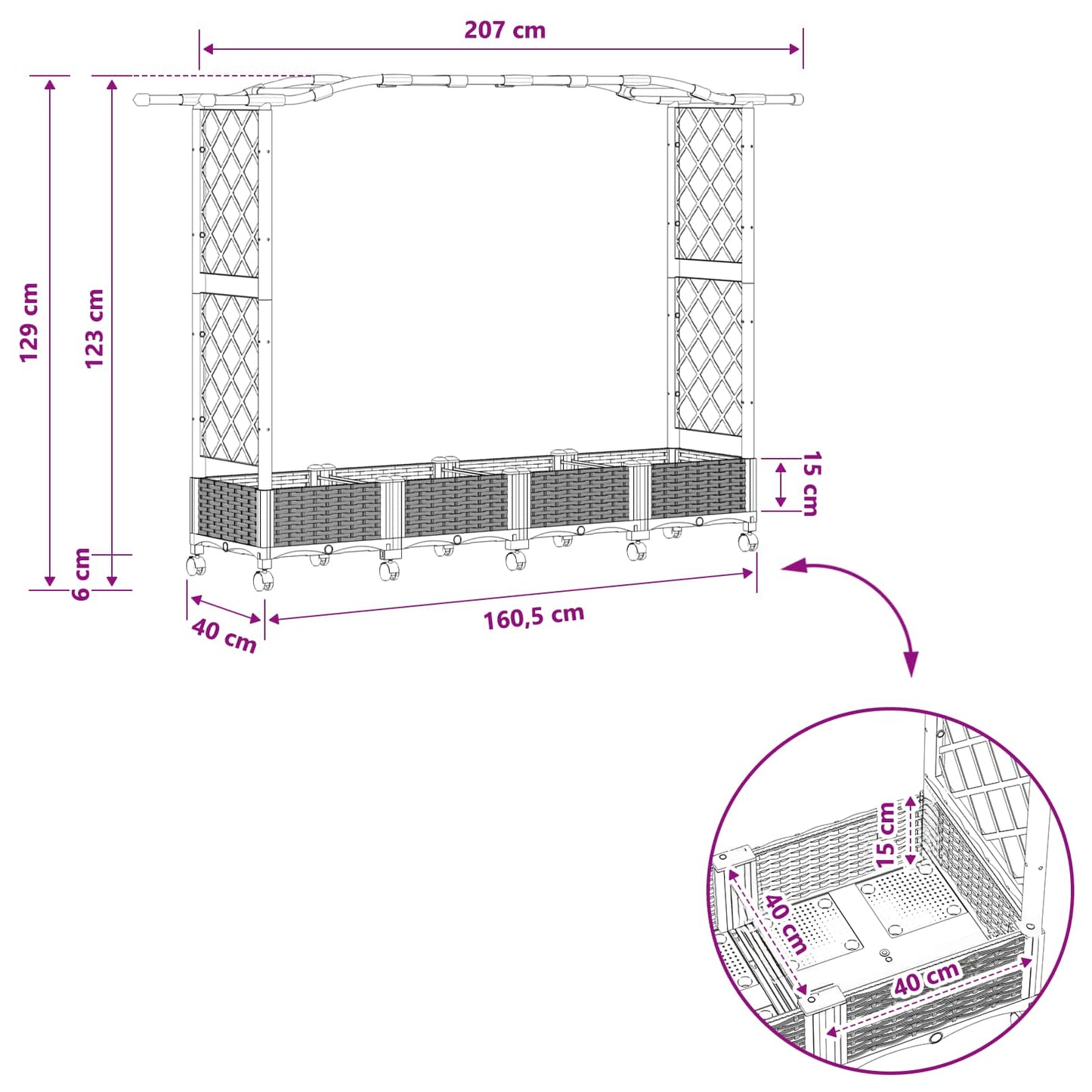 vidaXL Raised Bed with Trellis and Roof Light Grey 207 x 40 x 129 cm