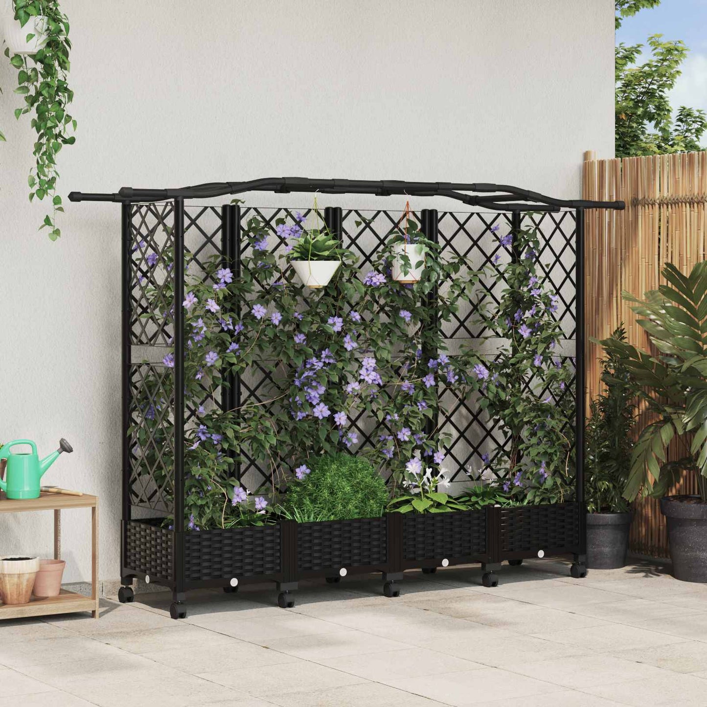vidaXL Raised Bed with Trellis and Roof Black 203.5 x 40 x 129 cm PP