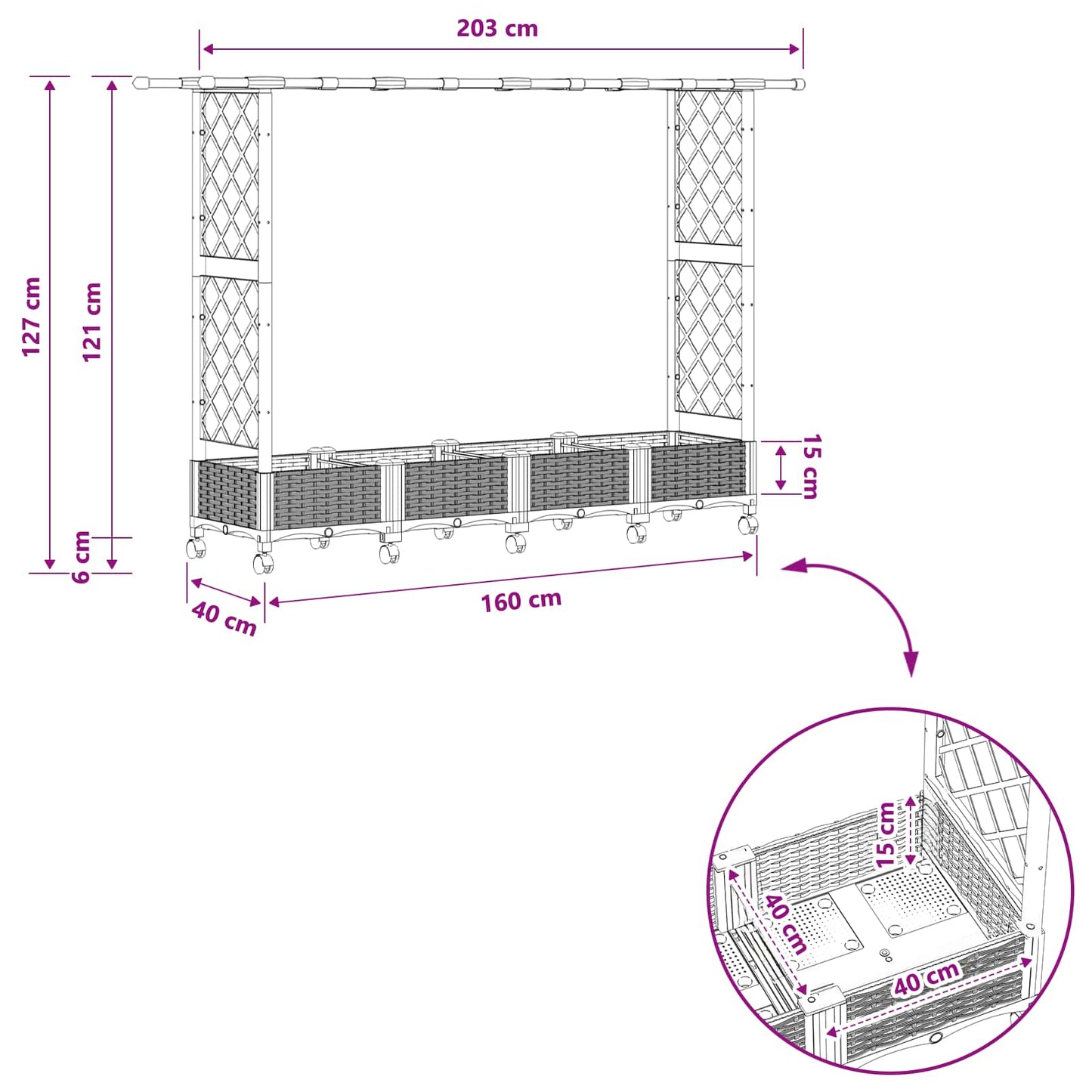vidaXL Raised Bed with Trellis and Roof Grey 203 x 40 x 127 cm PP