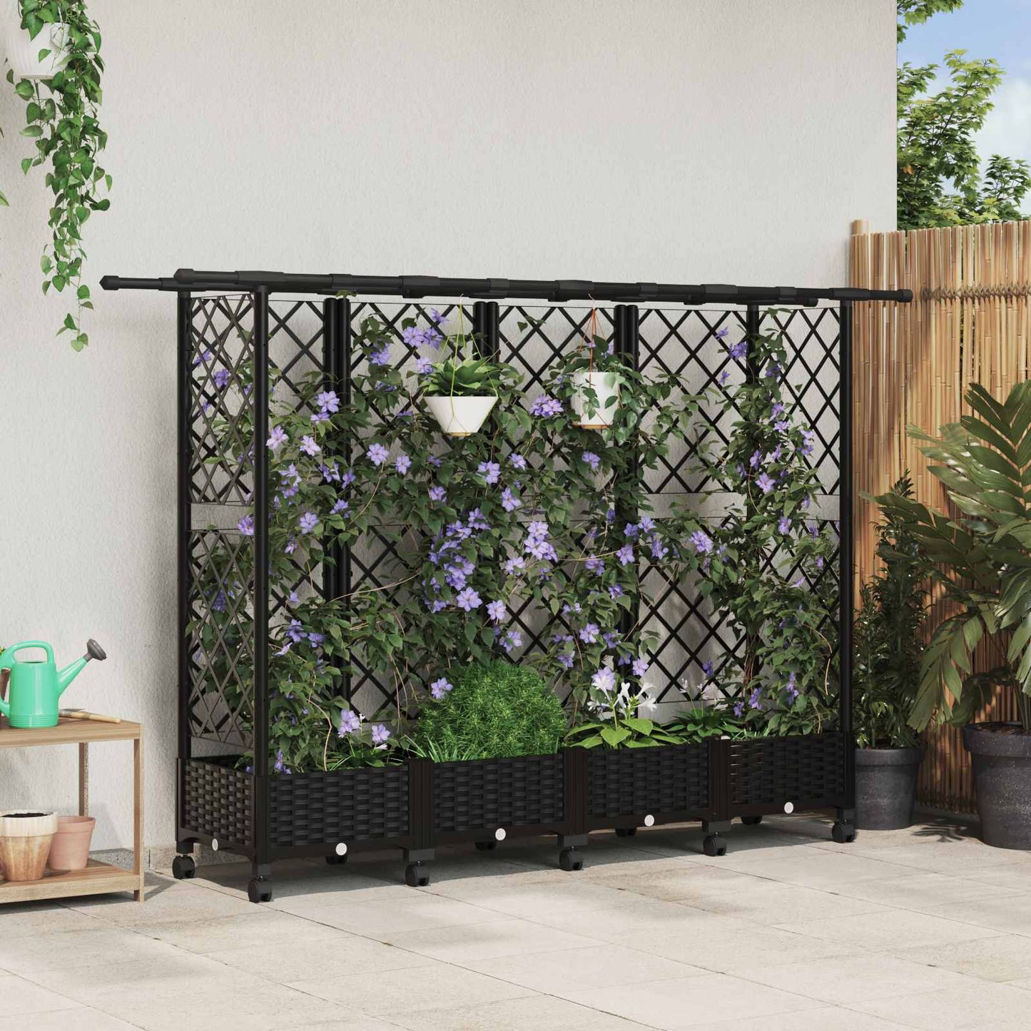 vidaXL Raised Bed with Trellis and Roof Black 202.5 x 40 x 127 cm PP