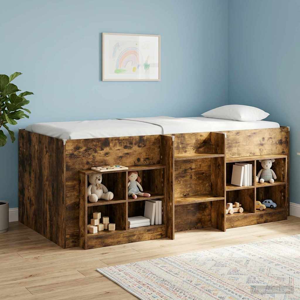 vidaXL Kids'High Bed Frame Smoked Oak 98.5 x 200 cm Engineered Wood