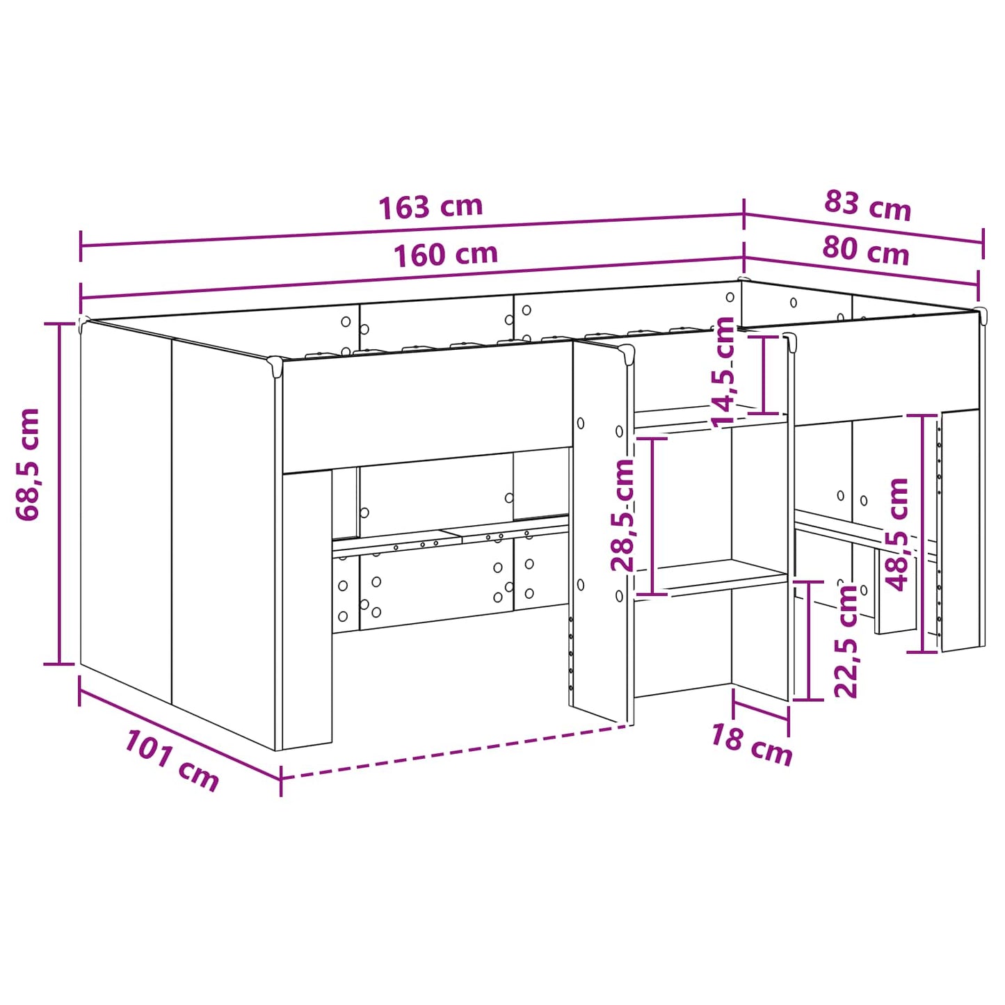 vidaXL Kids'High Bed Frame White 163 x 101.1 x 68.5 cm
