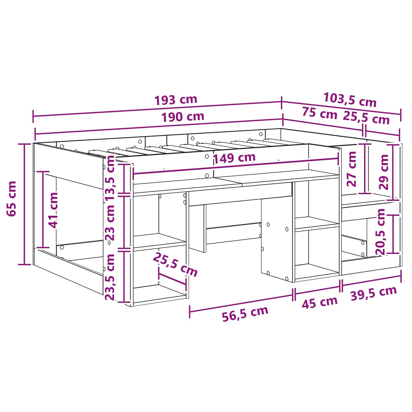 vidaXL Kids'Bed Frame with Storage Concrete Grey 75 x 190 cm