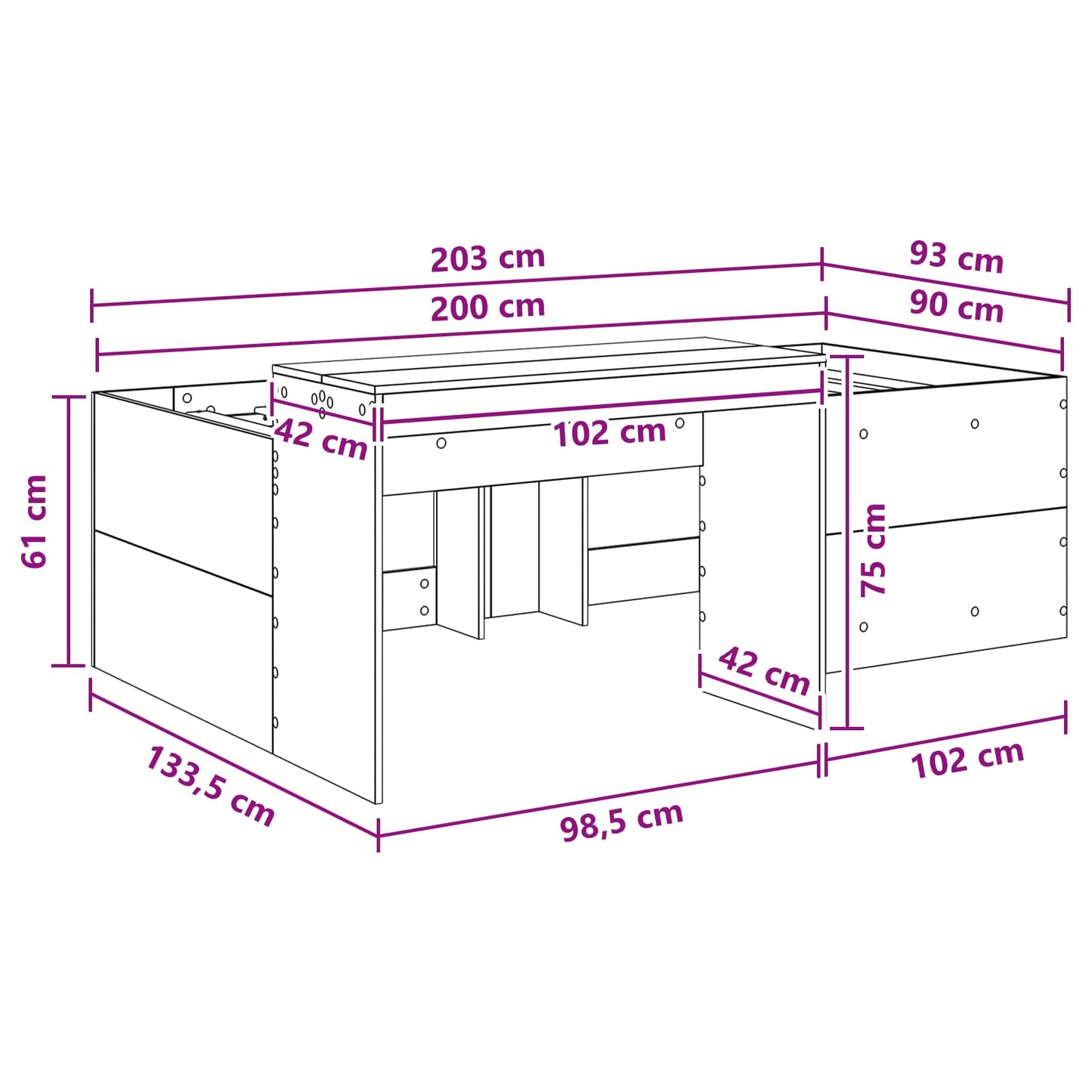 vidaXL Kids'High Bed Frame with Desk White 90 x 200 cm