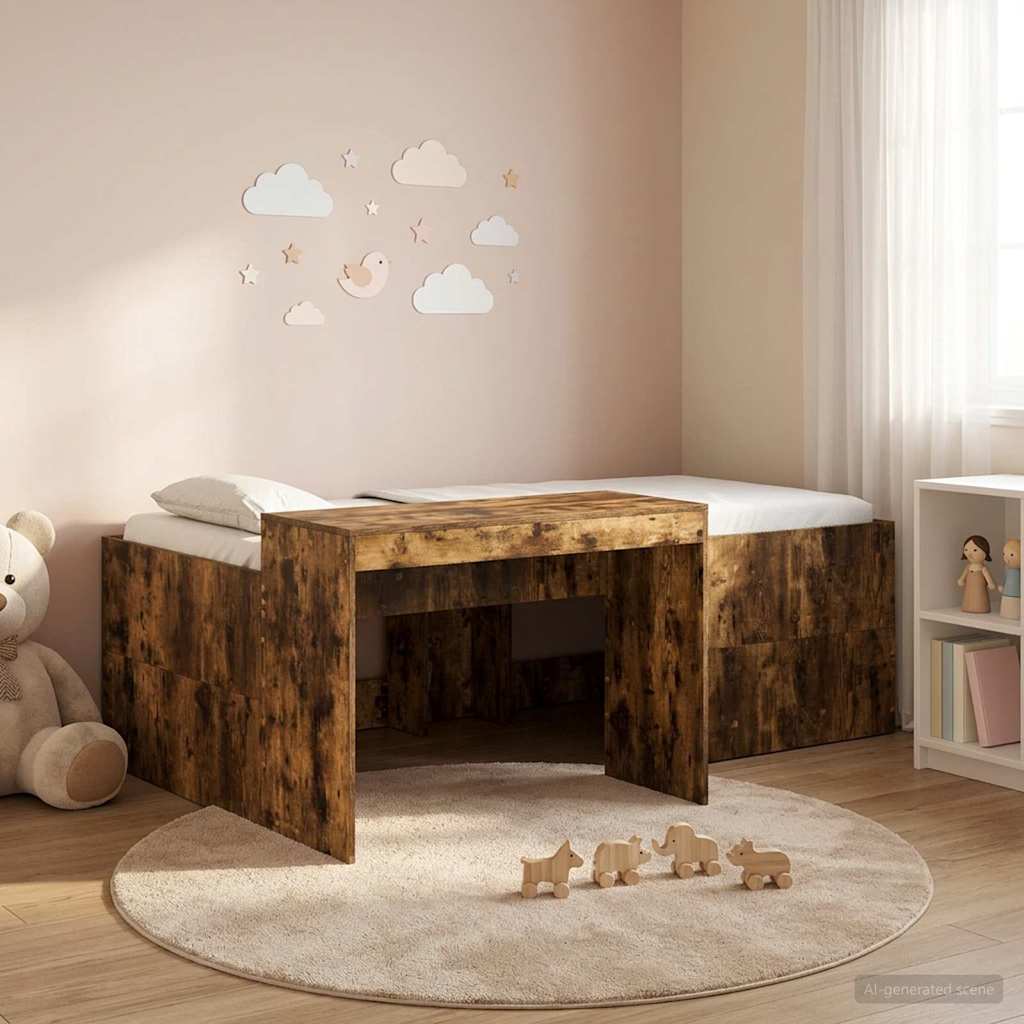 vidaXL Kids'High Bed Frame with Desk Smoked Oak 98.5 x 200 cm