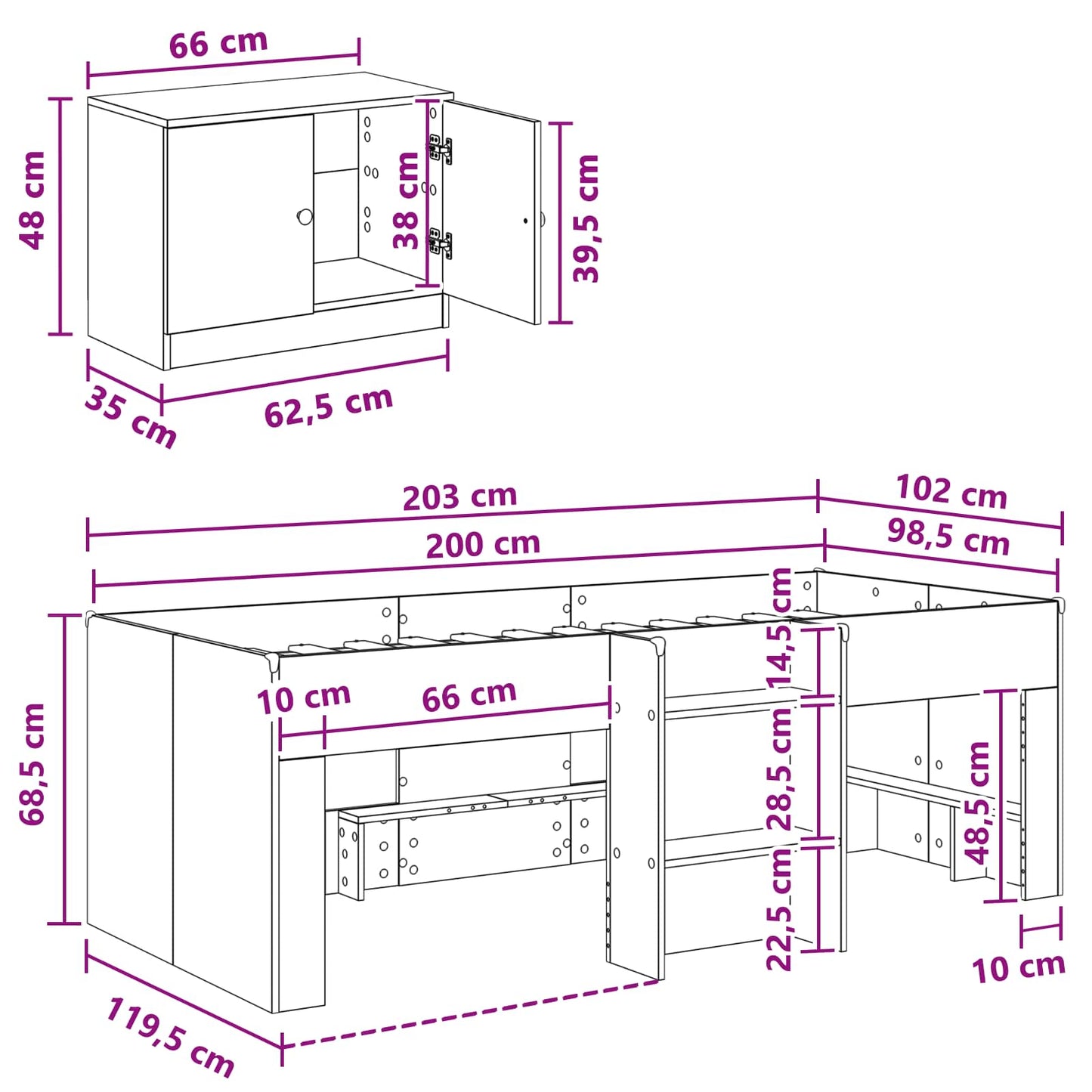 vidaXL Loft Bed Frame with Cabinet 3 pcs White Engineered Wood