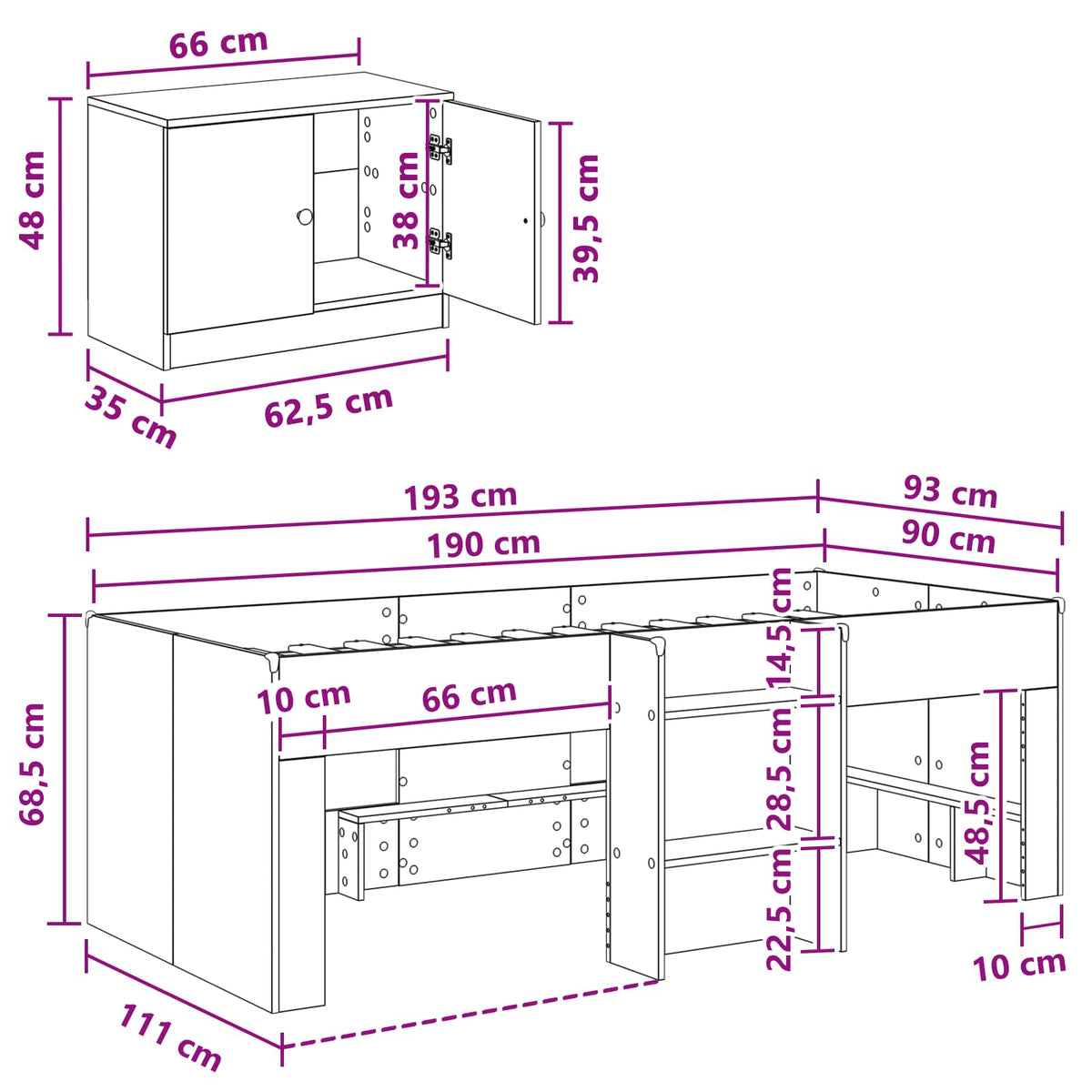 vidaXL Loft Bed Frame with Cabinet 3 pcs White Engineered Wood