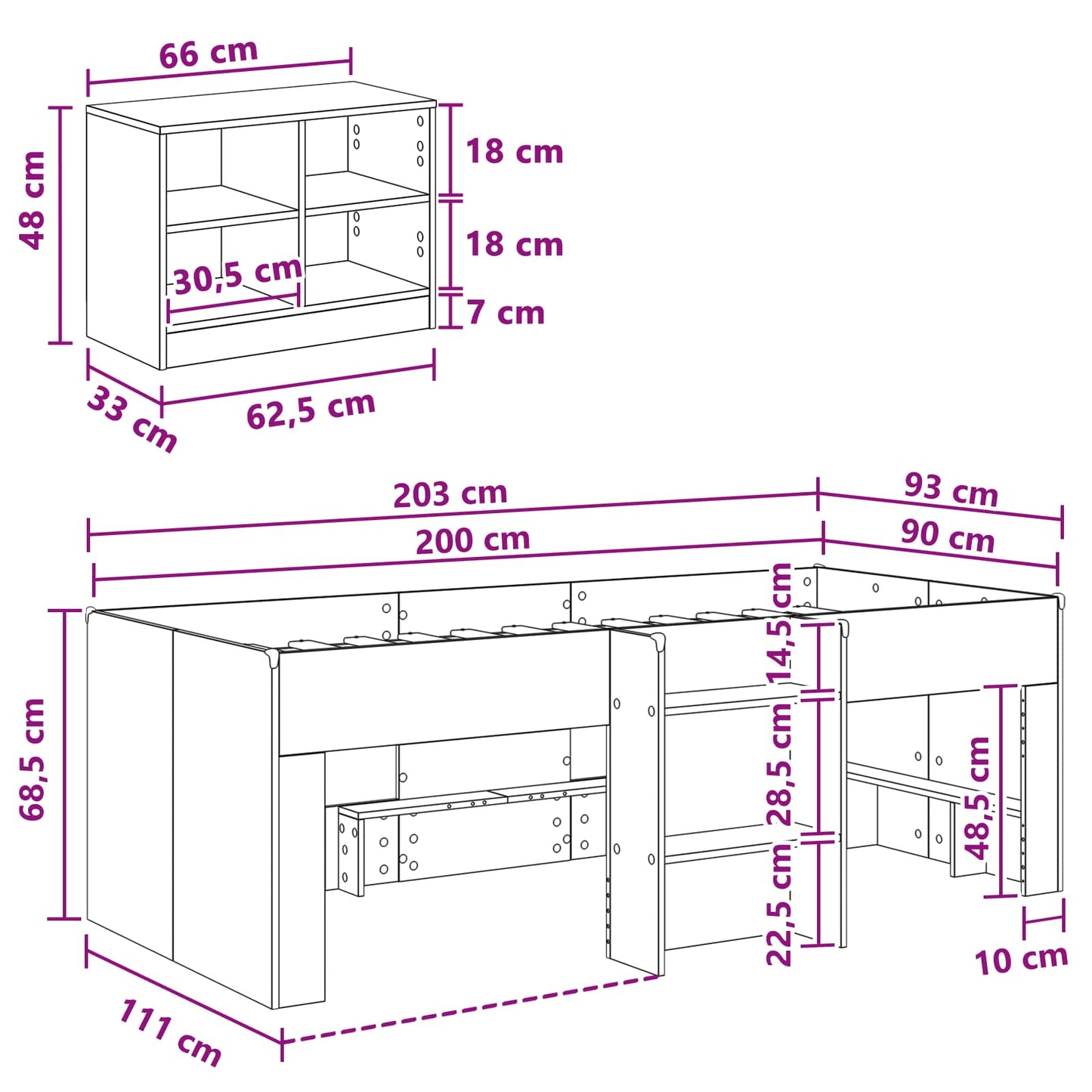 vidaXL Loft Bed Frame with Cabinet 3 pcs Black Engineered Wood