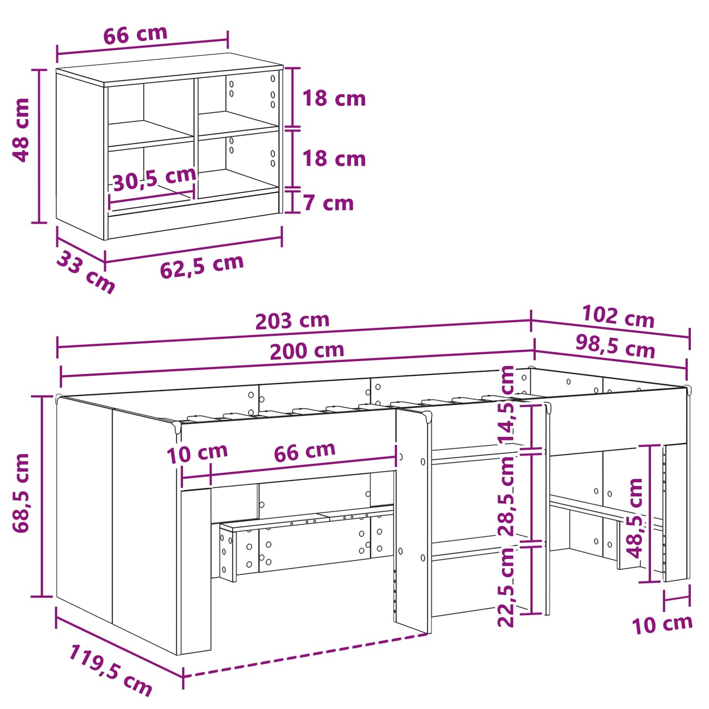 vidaXL Loft Bed Frame with Cabinet 3 pcs White Engineered Wood