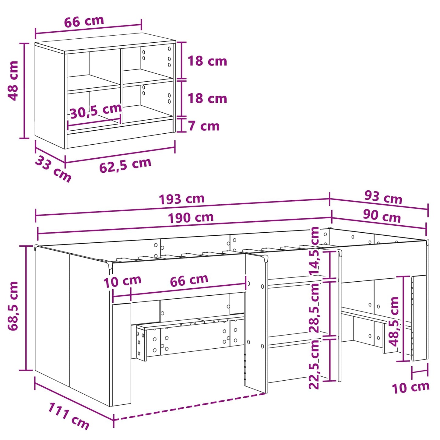 vidaXL Loft Bed Frame with Cabinet 3 pcs White Engineered Wood