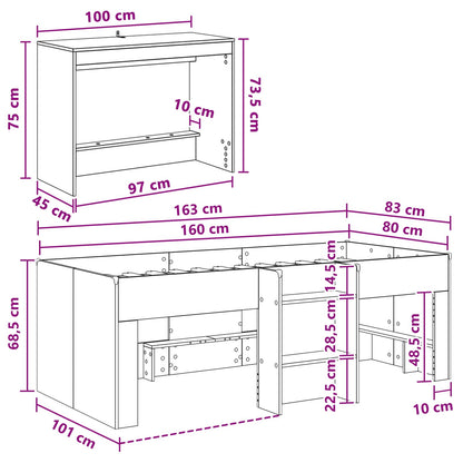 vidaXL Kids'High Bed Frame with Desk 2 pcs White Engineered Wood