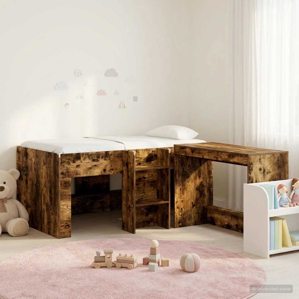 vidaXL Kids'High Bed Frame with Desk 2 pcs Smoked Oak Engineered Wood