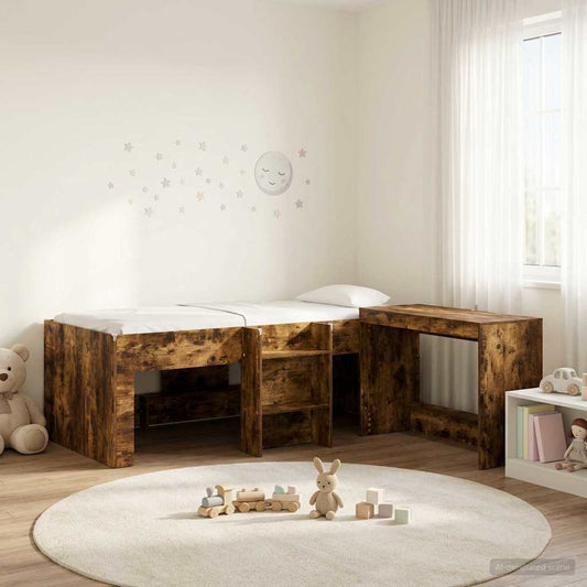 vidaXL Kids'High Bed Frame with Desk 2 pcs Smoked Oak Engineered Wood