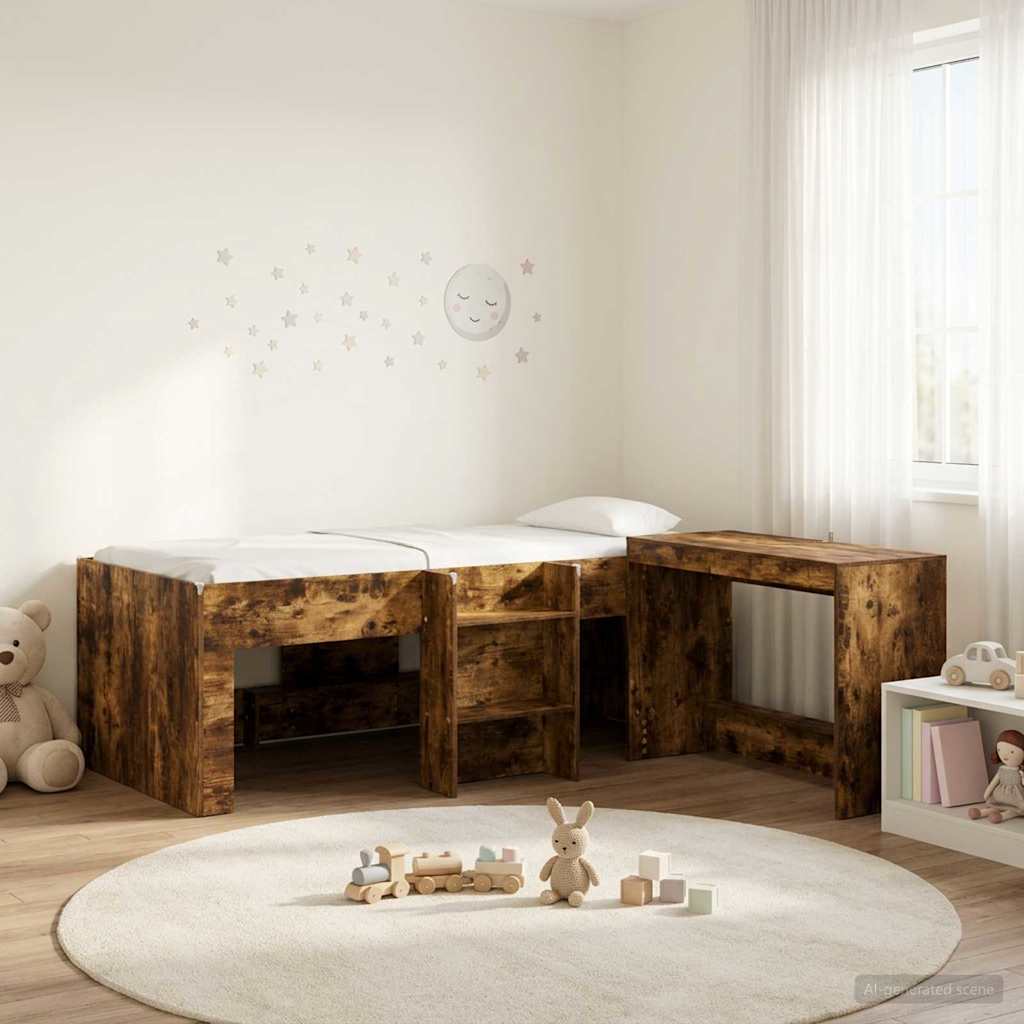 vidaXL Kids'High Bed Frame with Desk 2 pcs Smoked Oak Engineered Wood
