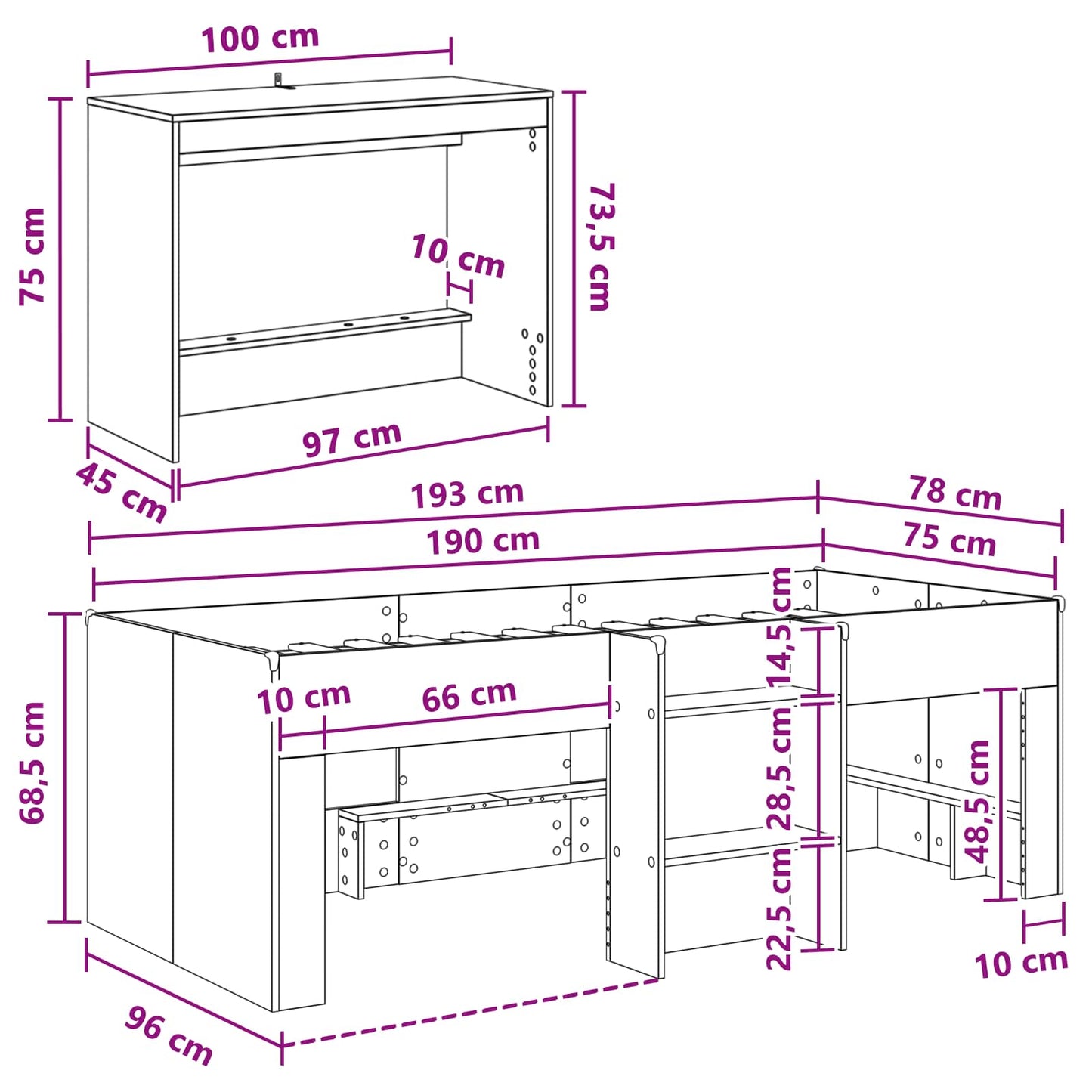 vidaXL Kids'High Bed Frame with Desk 2 pcs White Engineered Wood
