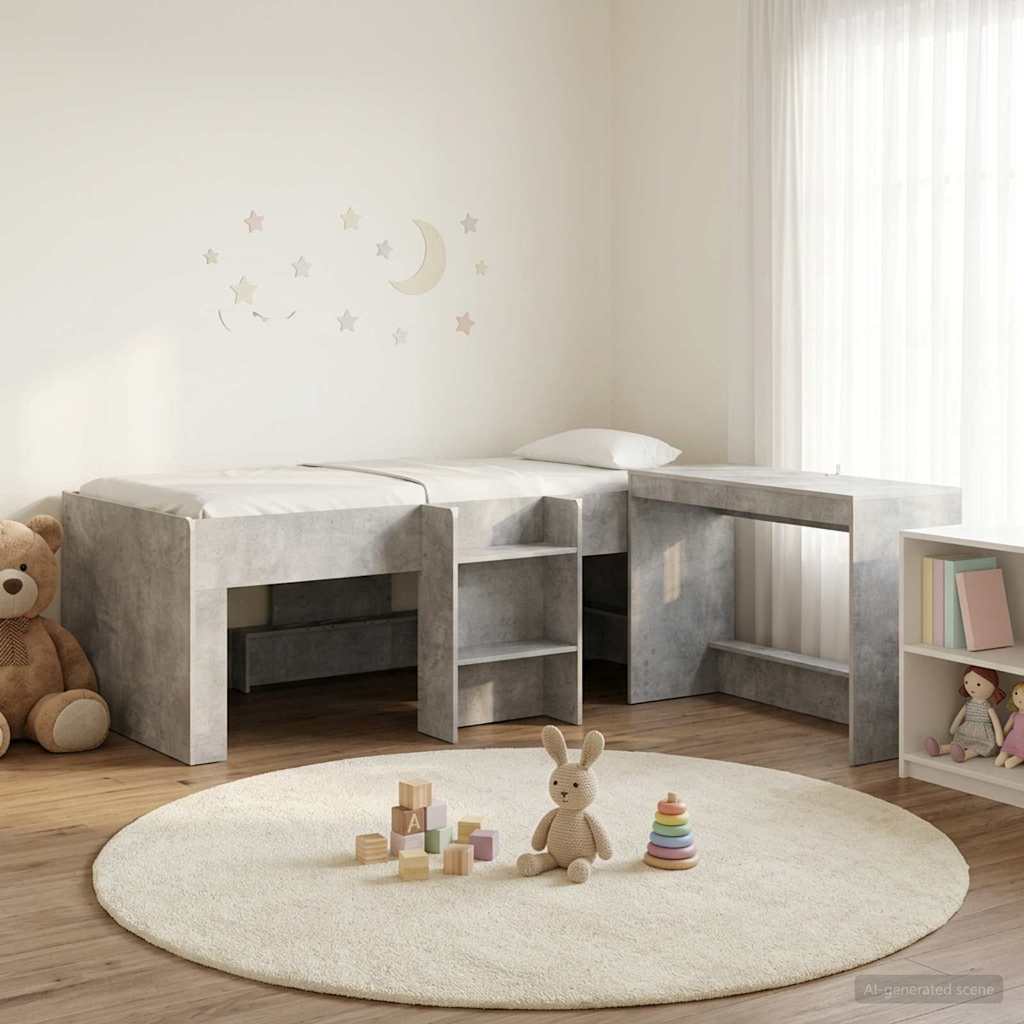 vidaXL Kids'High Bed Frame with Desk Concrete Grey 75 x 190 cm
