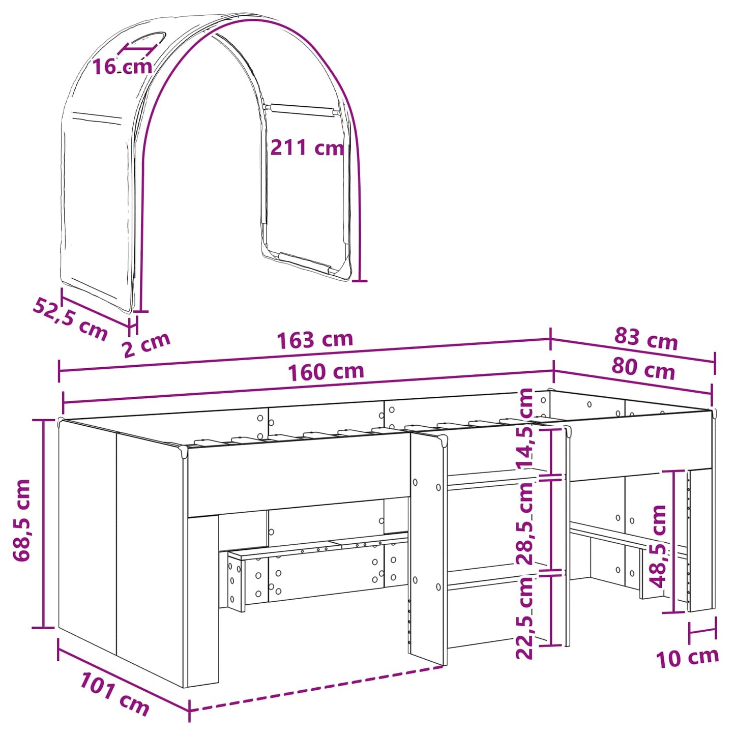 vidaXL Bed with Tunnel 3 pcs White Engineered Wood