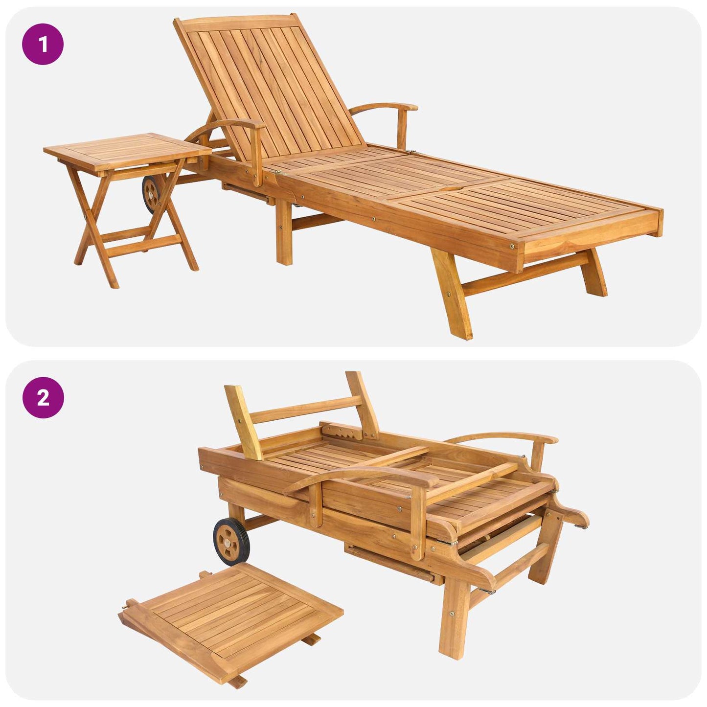 vidaXL Sun Lounger with Table Solid Teak Wood Brown