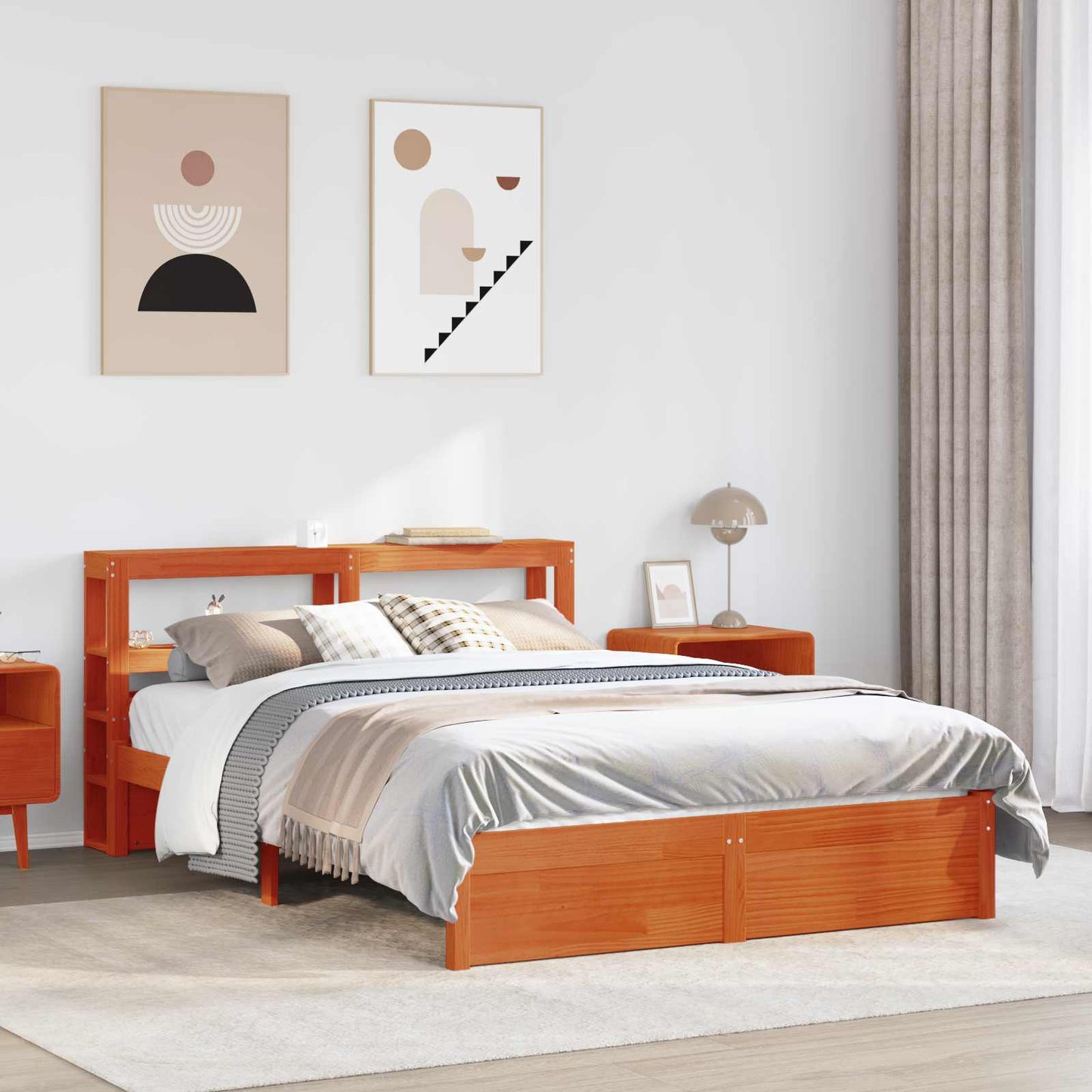 vidaXL Bed Frame with Headboard with Storage Wax Brown Solid Pine Wood