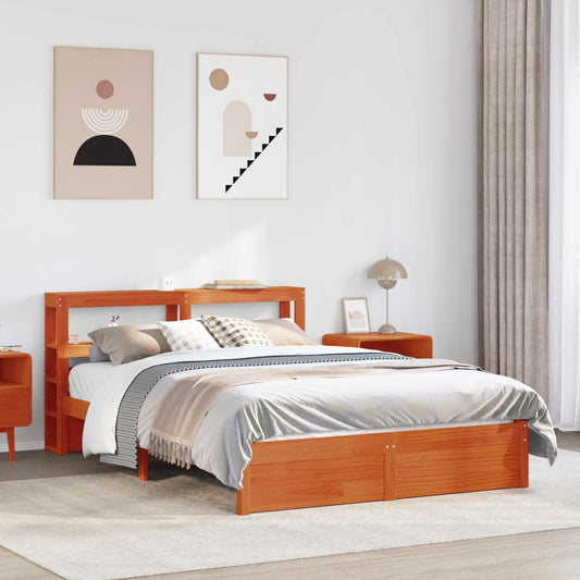 vidaXL Bed Frame with Headboard with Storage Wax Brown Solid Pine Wood