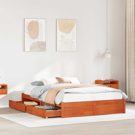 vidaXL Bed Frame with Drawer with Storage Wax Brown Solid Pine Wood