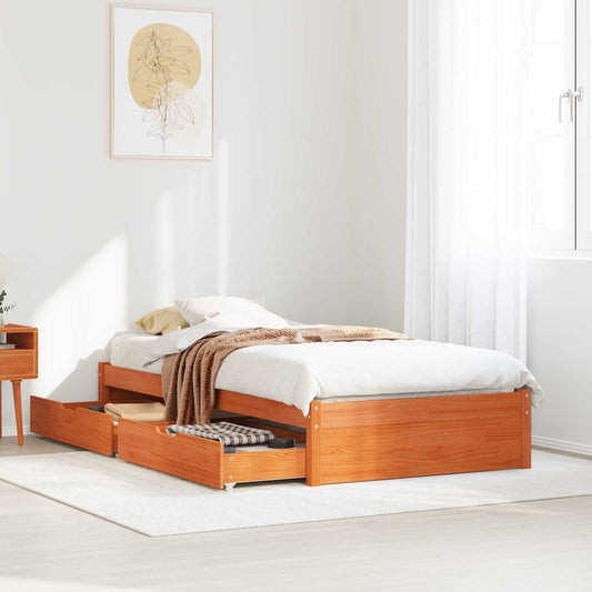 vidaXL Bed Frame with Drawer with Storage Wax Brown Solid Pine Wood