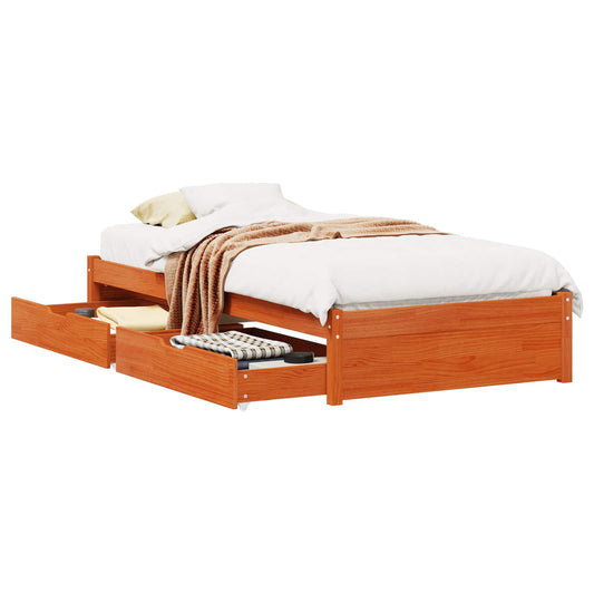 vidaXL Bed Frame with Drawer with Storage Wax Brown Solid Pine Wood