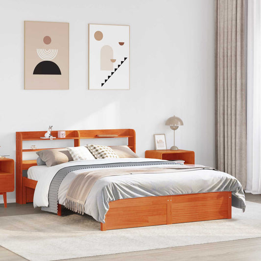 vidaXL Bed Frame with Headboard with Storage Wax Brown Solid Pine Wood
