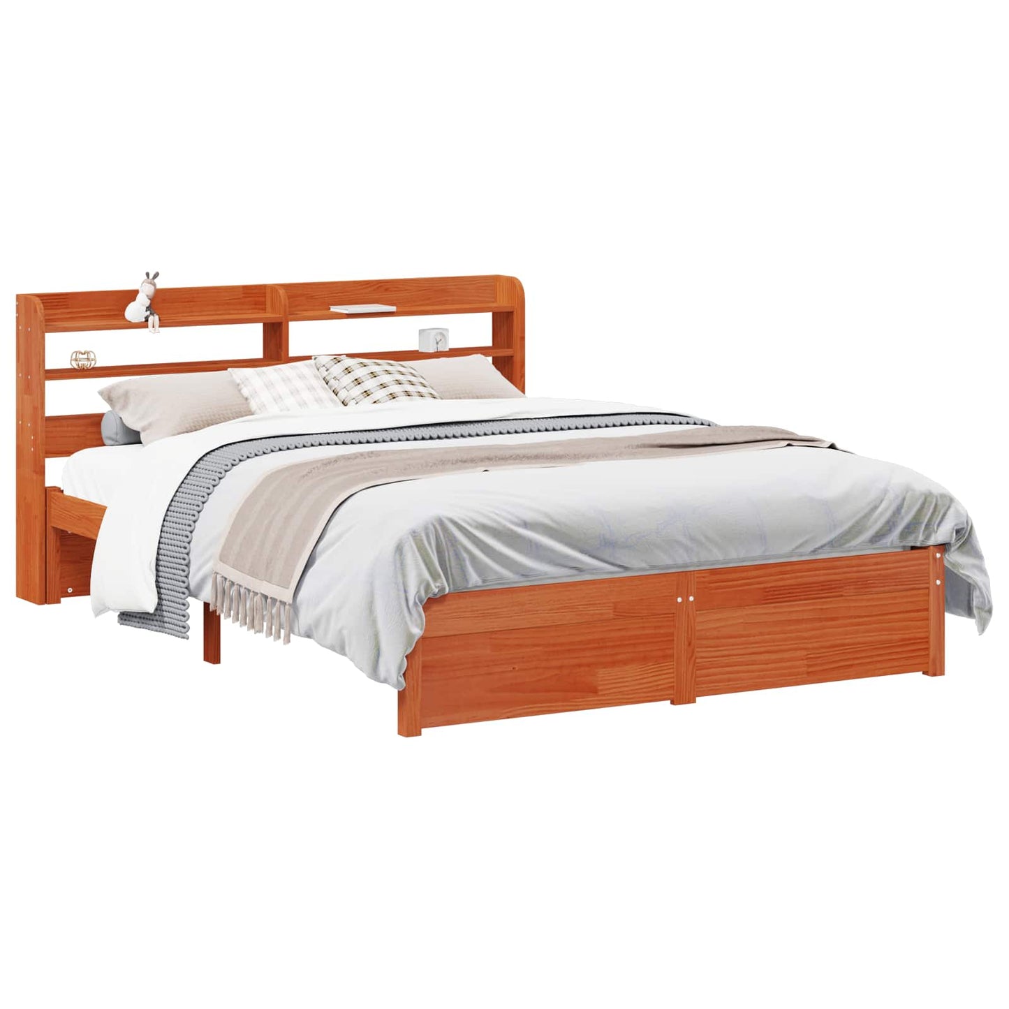 vidaXL Bed Frame with Headboard with Storage Wax Brown Solid Pine Wood