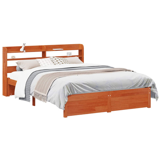 vidaXL Bed Frame with Headboard with Storage Wax Brown Solid Pine Wood