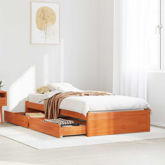 vidaXL Bed Frame with Drawer with Storage Wax Brown Solid Pine Wood