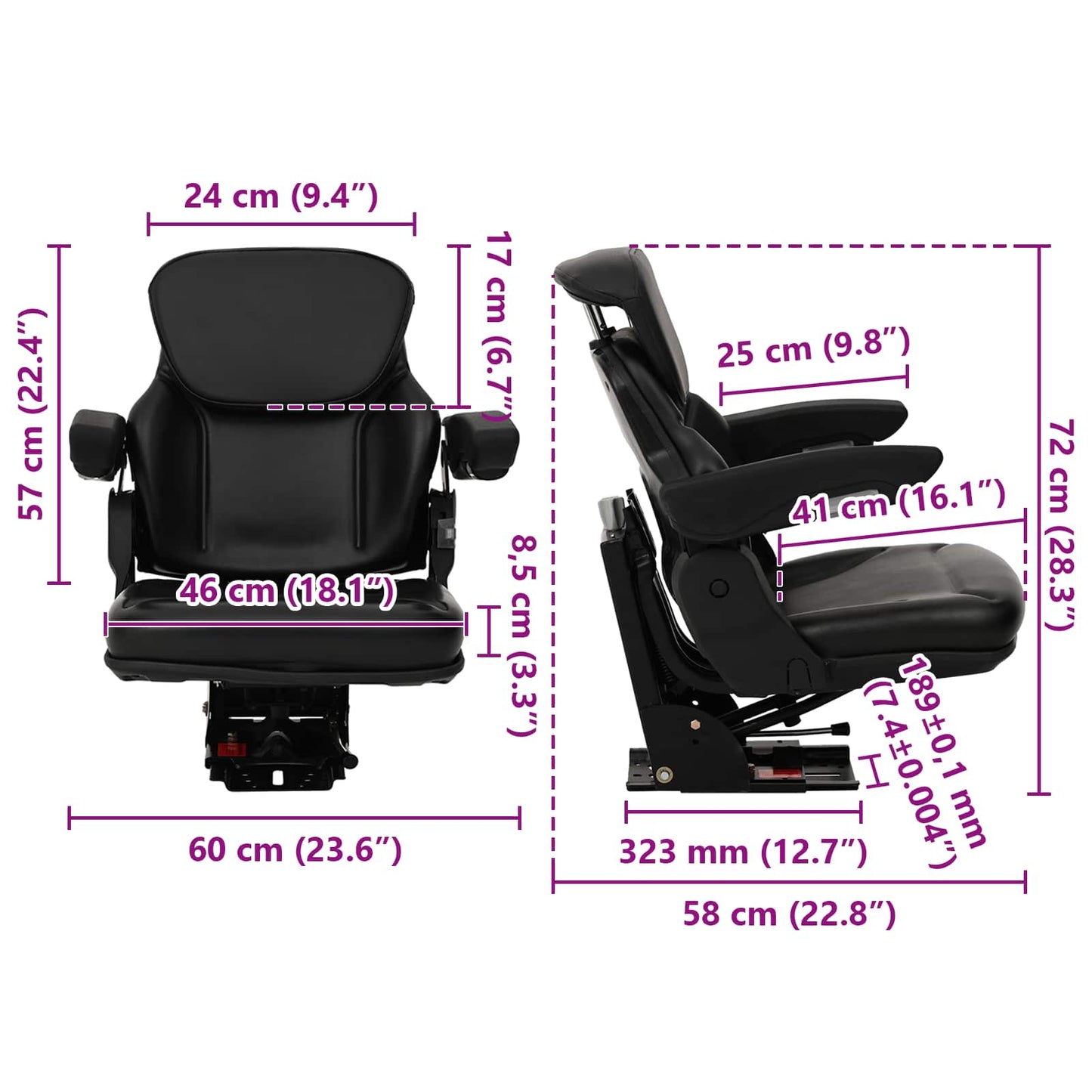 vidaXL Tractor Seat with Suspension Black 60 x 58 x 72 cm